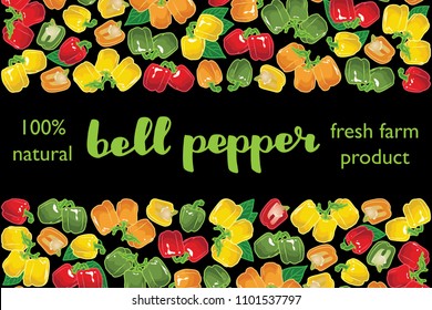 vector illustration of bell pepper and leaf design with lettering bell pepper background black and vegetable and text fresh farm product 100% natural EPS10