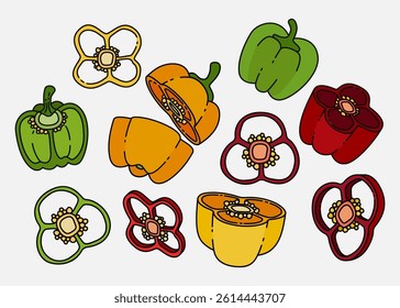 Vector Illustration of Bell Pepper Slices in Green, Yellow, and Red for Flavorful Dishes and Meals. Can Be Used as Background, Banner, Print, Textile, Fashion, and Food Packaging Design