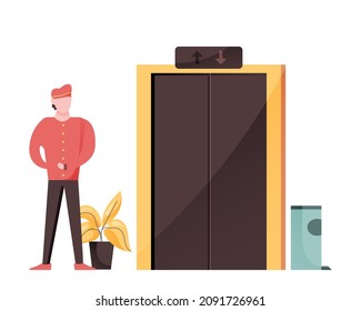 Vector illustration of bellboy standing beside of lobby hotel waiting for customers background.