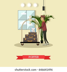 Vector illustration of bellhop, bellboy or bellman moving luggage cart with suitcases of customer. Hotel porter concept design element in flat style.