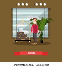 Vector illustration of bellhop standing next to luggage cart with suitcases. Hotel porter concept design element in flat style.