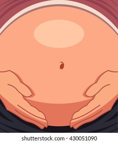 Vector illustration of belly with two hands on it. Pregnant woman waiting for a baby. Flat design style.