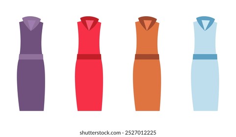 Ilustración vectorial de vestidos con cinturón en cinco colores diferentes, aptos para moda, ropa formal y proyectos de diseño de prendas.