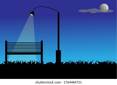 Vector illustration of bench and garden light in city park with moon and cloud in the background