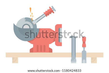 The vector illustration of the bench grinder in flat style. The electrical red tool on a white background.