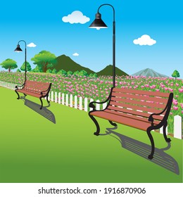 Vector illustration of bench in park landscape with view bankground, emtry publick plach walking and recreation with green and lamps.