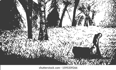 vector illustration of bench in the soothing surroundings of grass, trees and mountains
