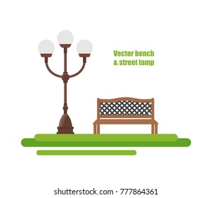 Vector illustration. Bench with a street lantern on a white background.