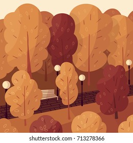 Vector illustration of a bench and street lights in an autumn park