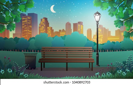 Vector illustration of bench and streetlight in city park with skyscrapers background at night svg