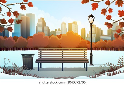 Vector illustration of bench and streetlight in city park with skyscrapers background in winter