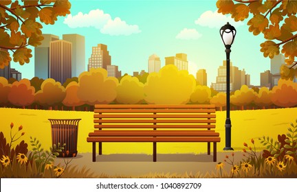 Vector illustration of bench and streetlight in city park with skyscrapers background in autumn svg