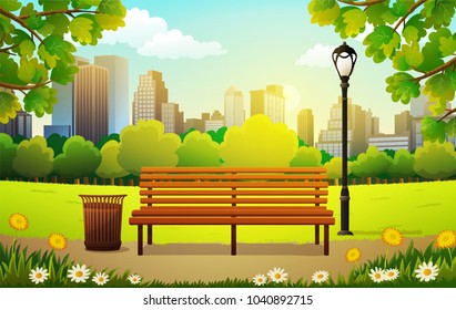 Vector illustration of bench and streetlight in city park with skyscrapers background in spring