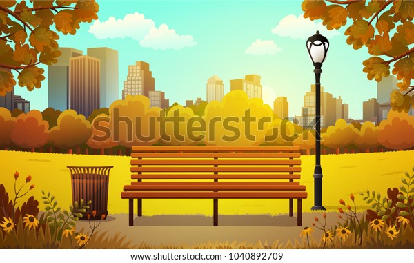 秋の高層ビル背景に市立公園のベンチと街灯のベクターイラスト のベクター画像素材 ロイヤリティフリー