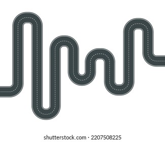 Vector illustration of bending road with white markings isolated on white background. Empty asphalt road with turns in top view. Winding highway template.
 