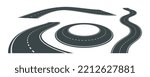 Vector illustration of bending roads with white markings isolated on white background. Set of asphalt roads in perspective view. Collection of empty straight and curved highways.