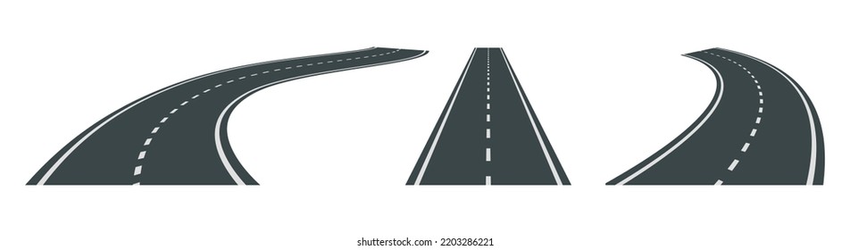 Ilustración vectorial de los caminos de doblado con marcas blancas aisladas sobre fondo blanco. Conjunto de caminos asfaltados en perspectiva. Colección de carreteras rectas y curvas vacías.