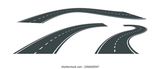 Vector illustration of bending roads with white markings isolated on white background. Set of asphalt roads in perspective view. Collection of empty curved highways.