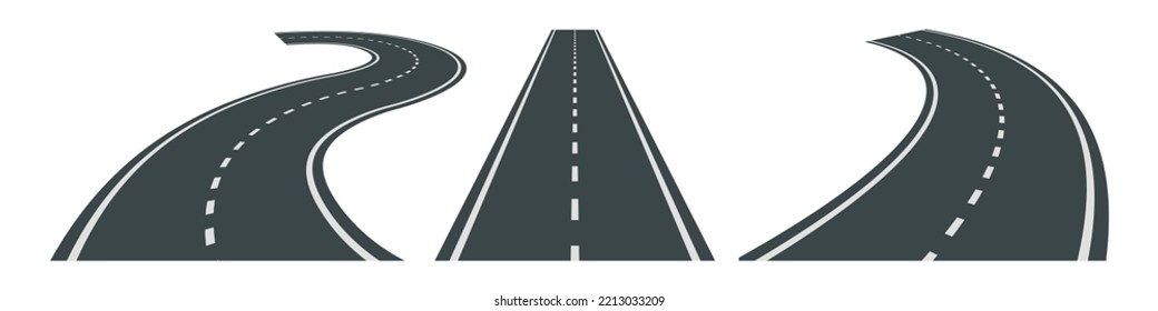 Ilustración vectorial de los caminos de doblado con marcas blancas aisladas sobre fondo blanco. Conjunto de caminos asfaltados en perspectiva. Colección de carreteras rectas y curvas vacías.