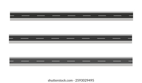 Vector illustration of bending roads with white markings isolated on white background. Set of asphalt roads in perspective view. Collection of empty straight and curved highways. 