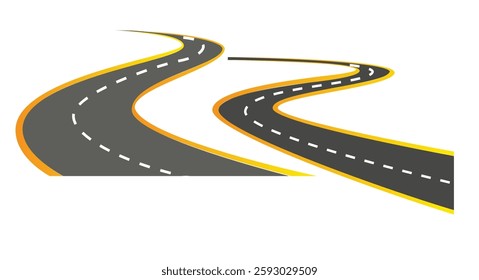 Vector illustration of bending roads with white markings isolated on white background. Set of asphalt roads in perspective view. Collection of empty straight and curved highways. 