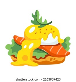 Vector illustration of Benedict egg. Delicious brioche bread with salmon, poached egg, hollandaise sauce, rucola salad. Green, orange, beige, yellow colors. Handdrawn cartoon flat vector illustration