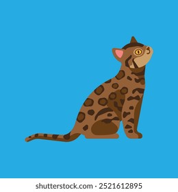 Vector illustration of a Bengal cat with a spotted coat sitting and looking up on a blue background.