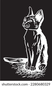 Vector illustration of bengal kitten sitting isolated on black,graphical drawing