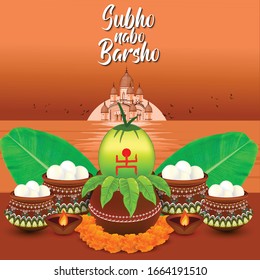 Vector illustration of bengali new year Subho Nabo Barsho, a mud pot fill with rasgulla and beautiful sun rise behind the Dakshineswar Kali temple
