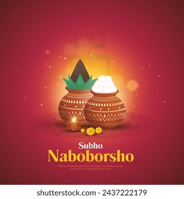 Ilustración vectorial de año nuevo bengalí Subho Nabo Borsho, un relleno de barro con fondo de celebración de rasgulla.