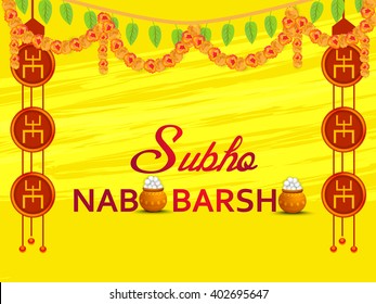 Vector Illustration of Bengali new Year subho Nabo Barsho in Bengali typography with a mud pot filled with rasgulla.