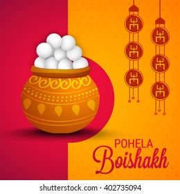 Vector illustration of bengali new year pohela boishakh, a mud pot fill with rasgulla celebration background.