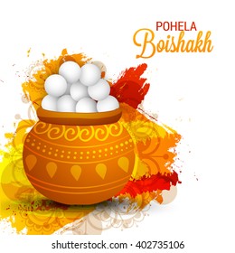 Vector illustration of bengali new year pohela boishakh, a mud pot fill with rasgulla grungy background.