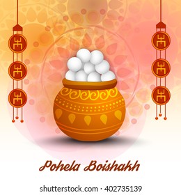 Vector illustration of bengali new year pohela boishakh, a mud pot fill with rasgulla celebration background.