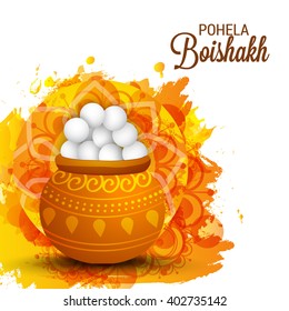 Vector illustration of bengali new year pohela boishakh, a mud pot fill with rasgulla grungy background.