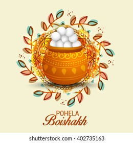 Vector illustration of bengali new year pohela boishakh, a mud pot fill with rasgulla celebration background.