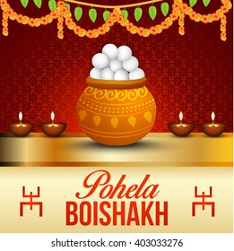 Vector Illustration of Bengali new Year Pohela Boishakh in Bengali typography with traditional background.