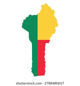 Vector illustration of Benin in the shape of its national borders, filled with the Beninese flag colors. Clean flat design featuring green vertical band with yellow and red horizontal bands. Minimal geographic silhouette suitable for education, travel, and infographic use. Isolated scalable composition for digital and print projects.