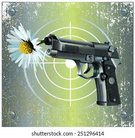 Vector illustration of Beretta Elite II handgun on vintage metal plate background with camomile flower and ladybug.