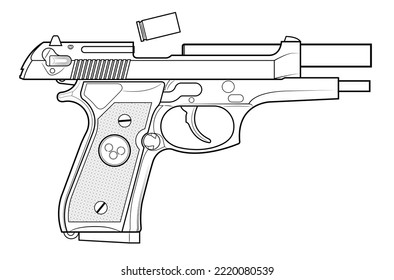 Ilustración vectorial de la pistola automática Beretta M92 con la brisa en la posición trasera y la caja del cartucho cayendo sobre el fondo blanco. Del lado derecho.