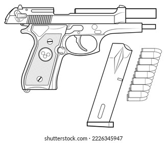 Ilustración vectorial de la pistola automática Beretta M92 con la brisa en la posición trasera y equipos como una revista y cartuchos sobre el fondo blanco. Del lado derecho.