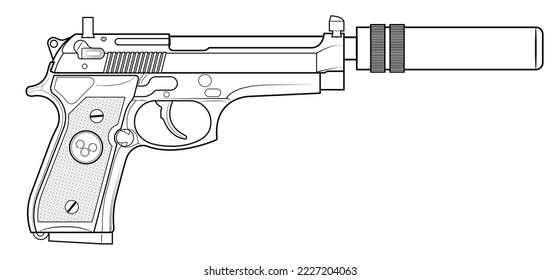 Vector illustration of the Beretta M92 automatic pistol with silencer on a white background. Right side.