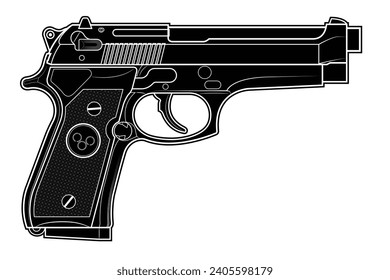 Vector illustration of the Beretta M92 automatic pistol on a white background. Black. Right side.