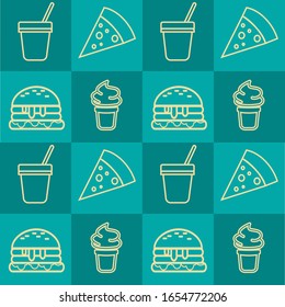 ilustración vectorial de berger, pizza, helado y té, gráficos adecuados para la colocación en papel, diseño de embalaje, papel pintado, etc.