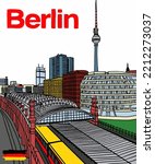 Vector illustration of Berlin city skyline annotations, railway station of Berlin, Germany. Berlin cityscape view for poster and postcards. Inscription of Berlin, Germany. 