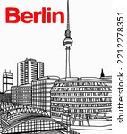 Vector illustration of Berlin city skyline annotations, railway station of Berlin, Germany. Berlin cityscape view for poster and postcards. Inscription of Berlin, Germany. 