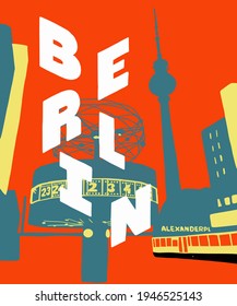 Vektorgrafik von Berliner Skyline-Anmerkungen, verschiedenen Wahrzeichen von Berlin, Deutschland. Berliner Stadtbild für Poster und Postkarten auf rotem Hintergrund. 