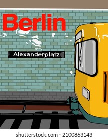 Vector illustration of Berlin city skyline annotations, various landmarks of Berlin, Germany. Berlin cityscape for poster and postcards on red background. Metro, underground, subway in Berlin;