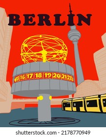 Vektorgrafik von Berliner Skyline-Anmerkungen, verschiedenen Wahrzeichen von Berlin, Deutschland. Berliner Stadtbild für Poster und Postkarten auf rotem Hintergrund. 