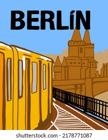 Vektorgrafik von Berliner Skyline-Anmerkungen, verschiedenen Wahrzeichen von Berlin, Deutschland. Berliner Stadtbild für Poster und Postkarten auf blauem Hintergrund. 